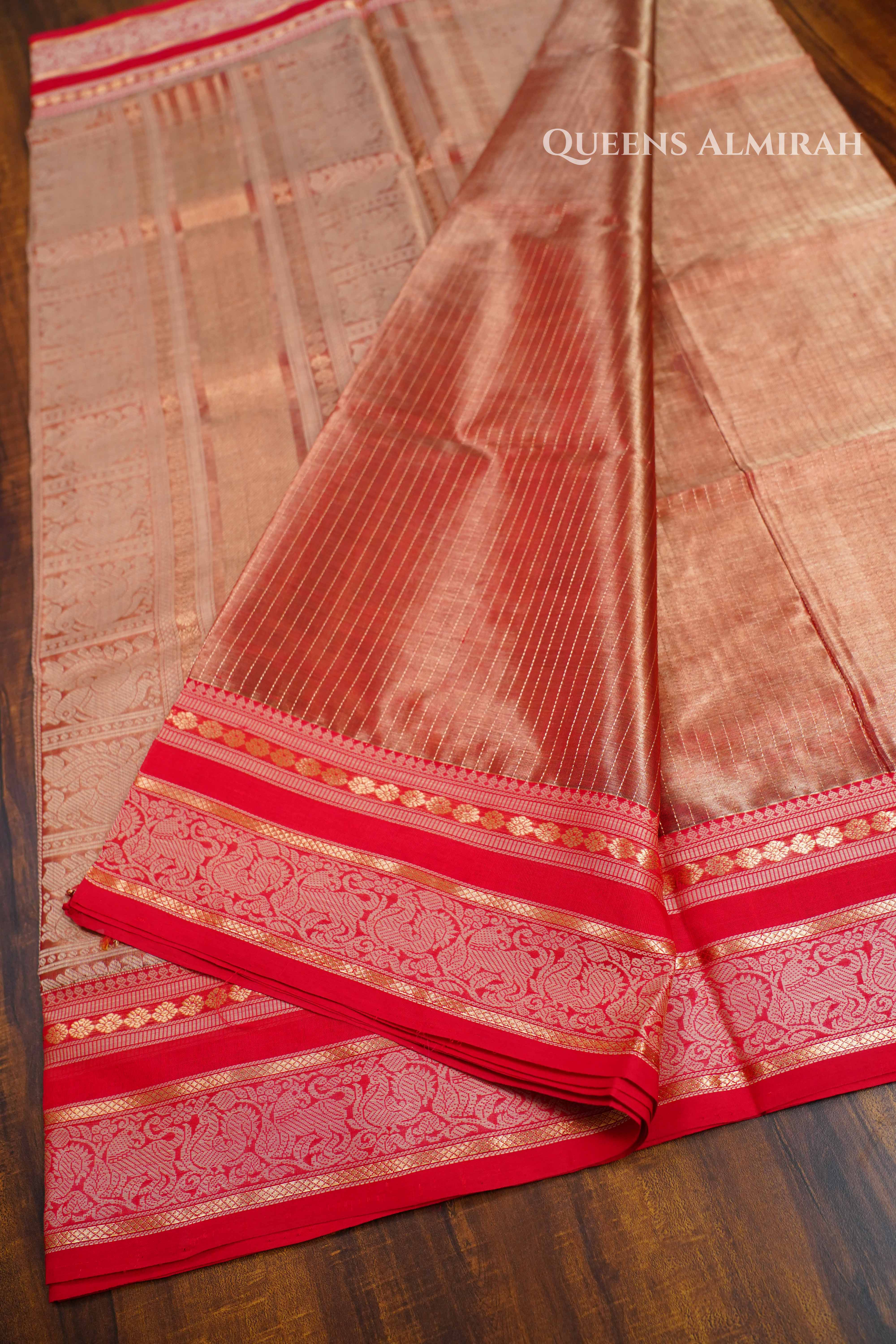 Dual Shade Of Golden Red Kanchi Silk Cotton Saree QUEENS ALMIRAH