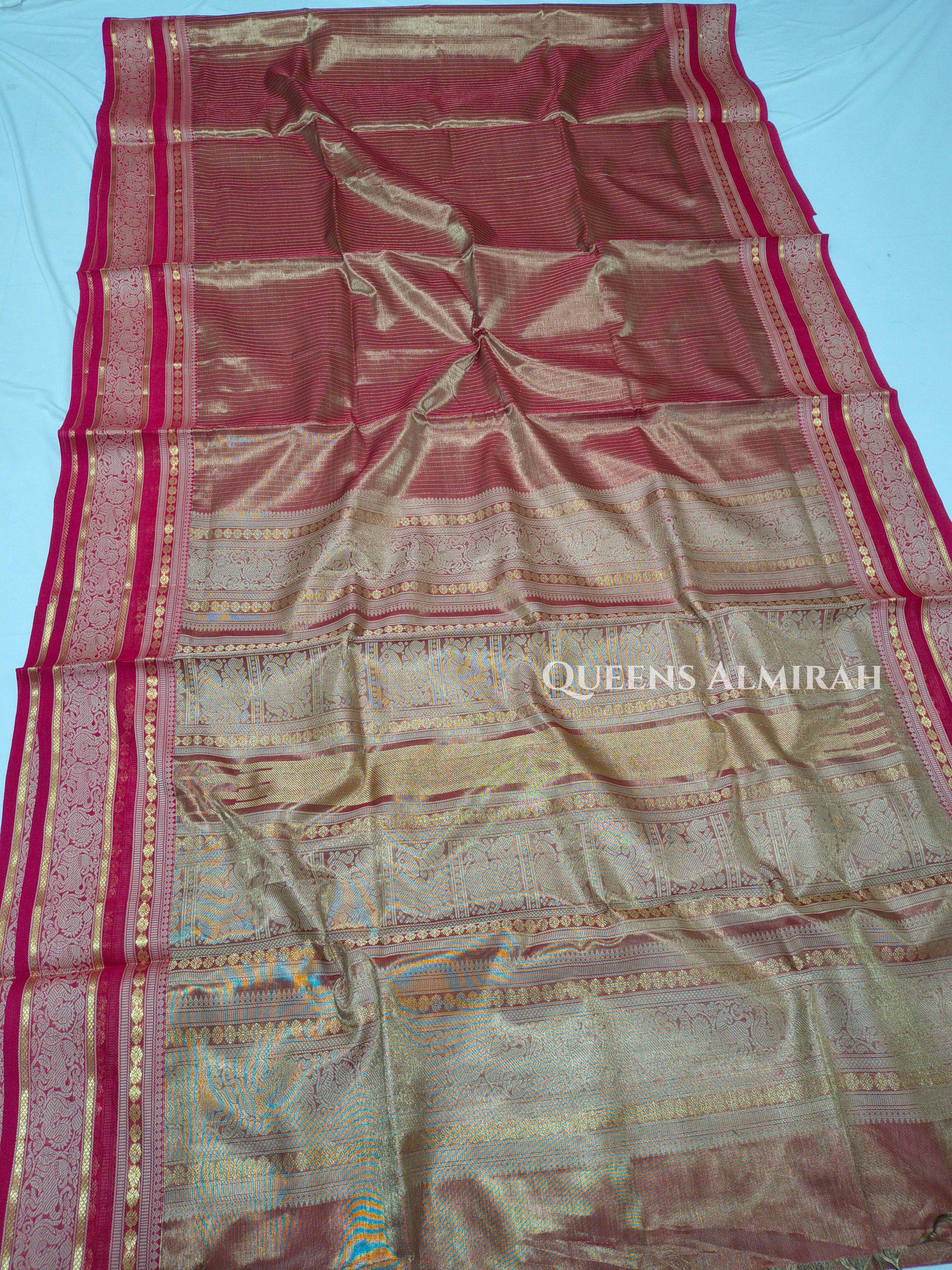 Dual Shade Of Golden Red Kanchi Silk Cotton Saree QUEENS ALMIRAH