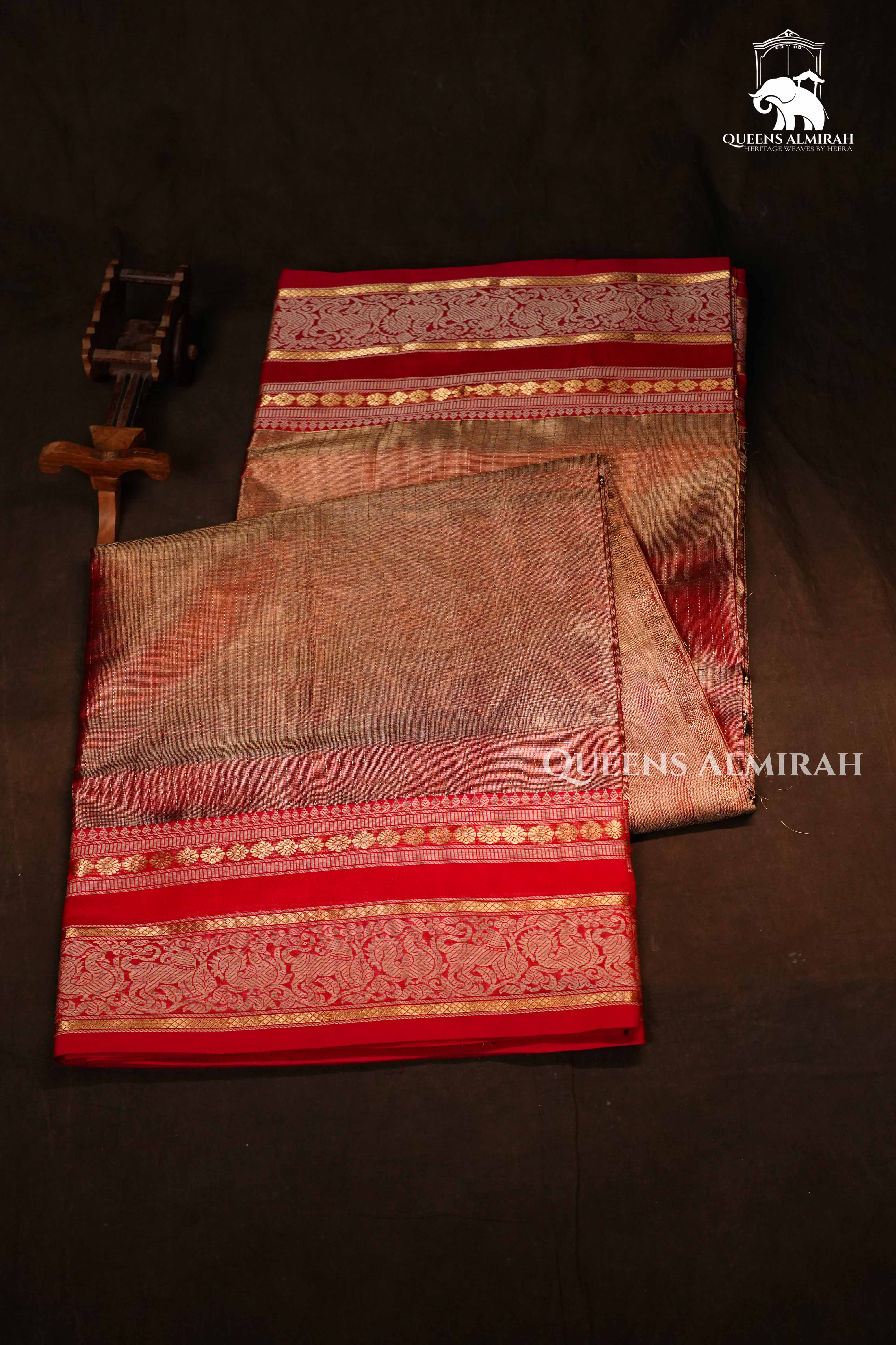 Dual Shade Of Golden Red - Premium Karaikudi Chettinad Silk Cotton Saree QUEENS ALMIRAH