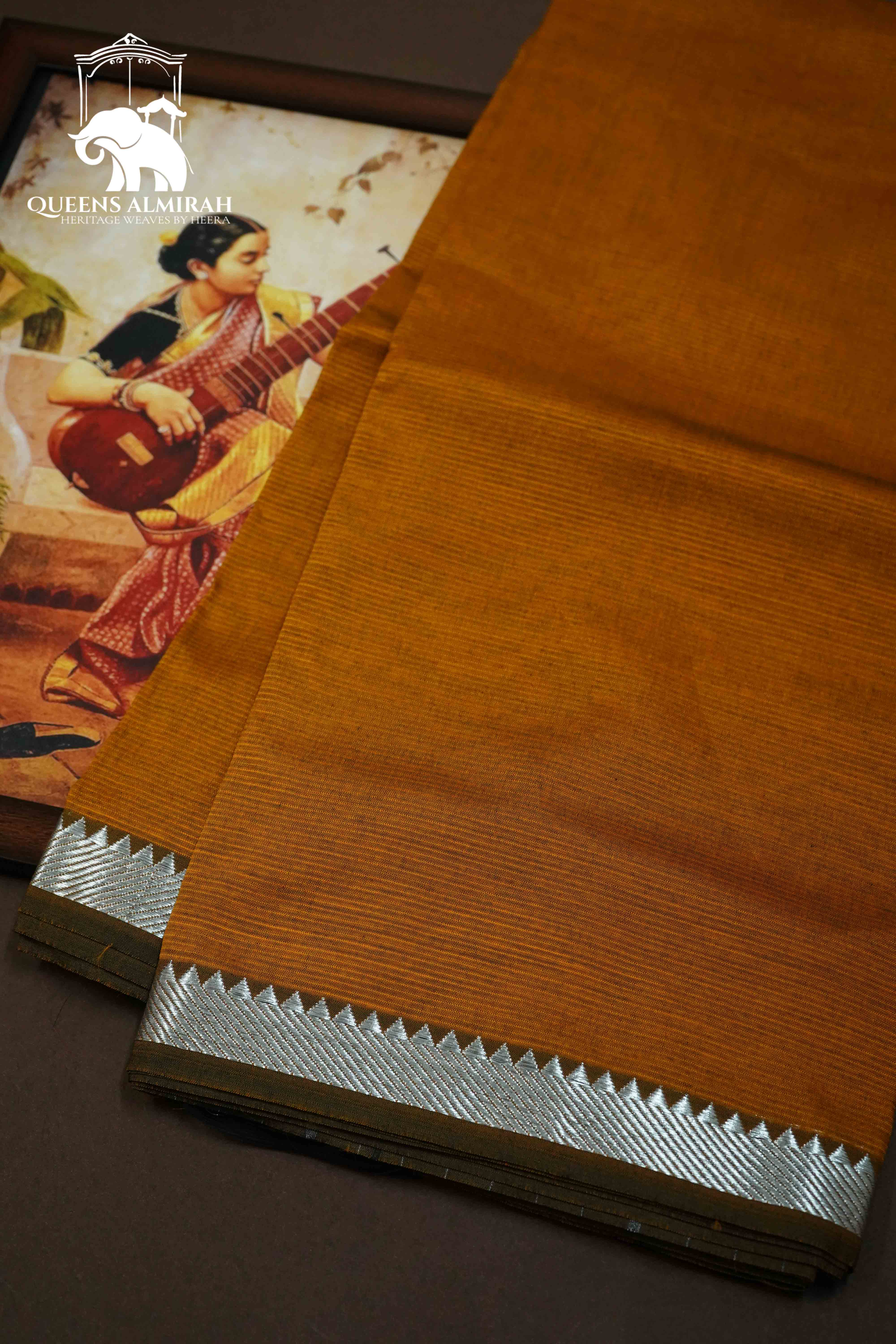 DULL ORANGE WITH SILVER ZARI BORDER  MANGALGIRI SAREE - Queens Jewel Emporium
