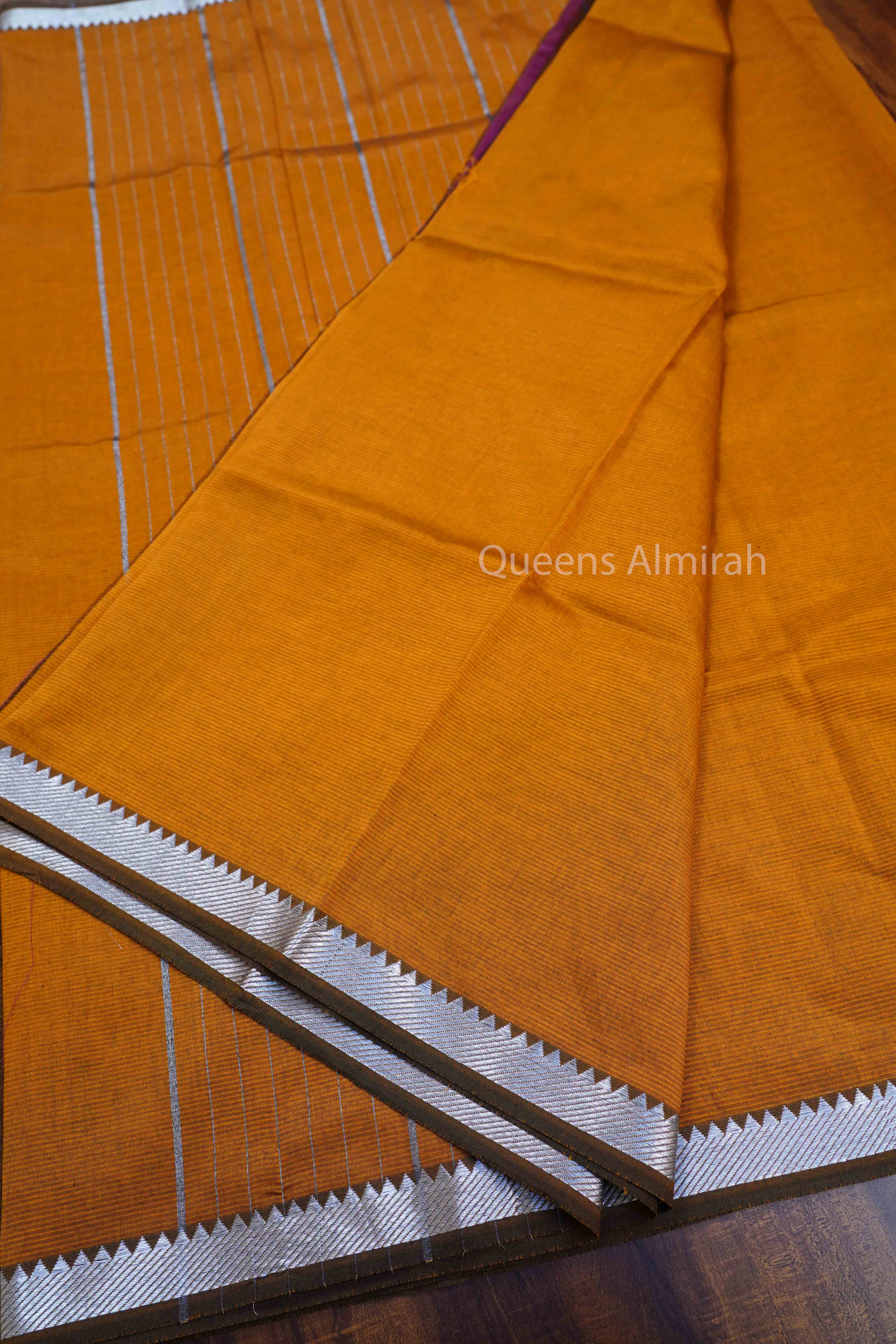 DULL ORANGE WITH SILVER ZARI BORDER  MANGALGIRI SAREE - Queens Jewel Emporium