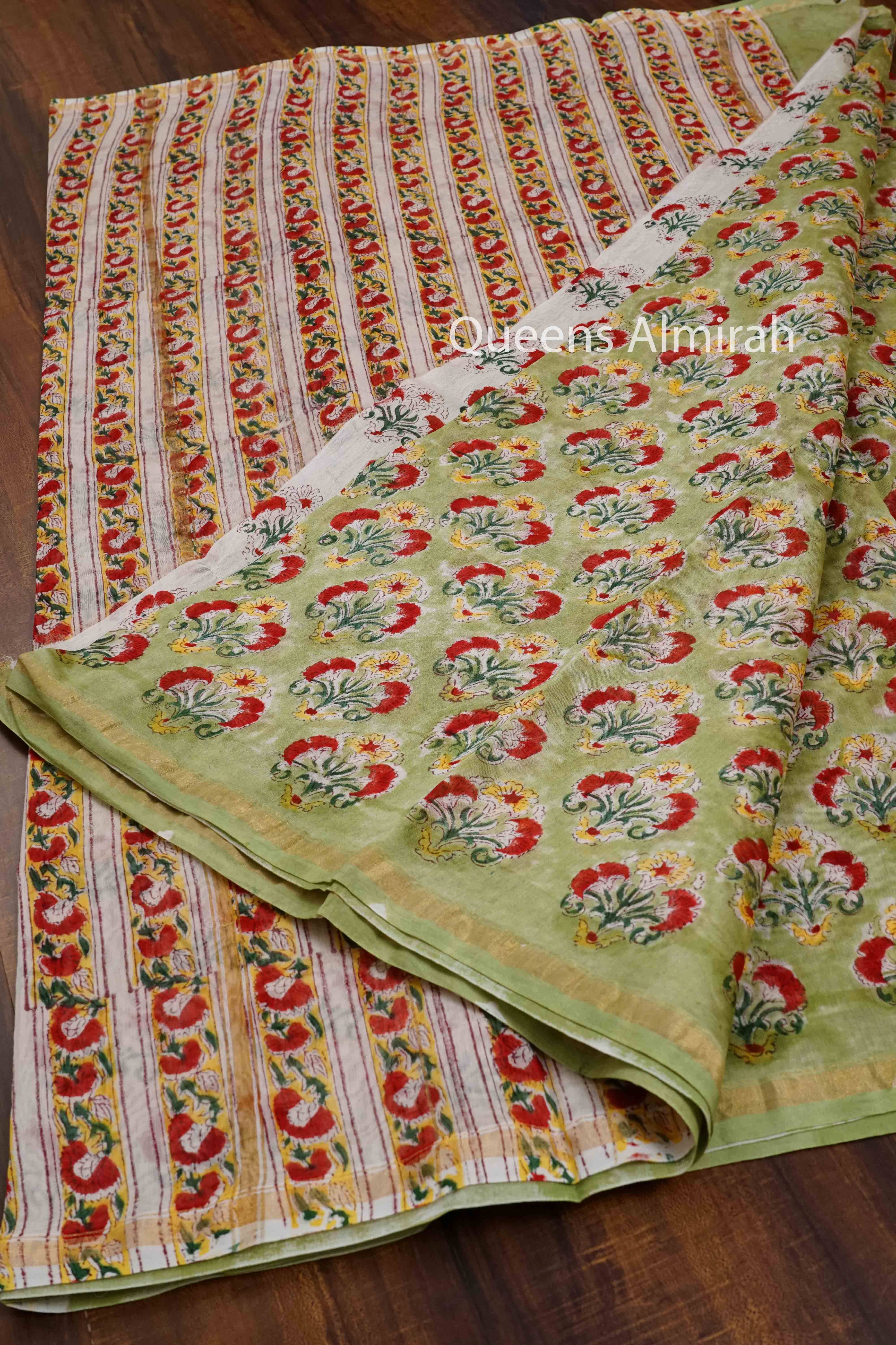 DUSKY GREEN WITH OFF WHITE HAND BLOCKED CHANDERI SILK COTTON SAREE - Queens Jewel Emporium
