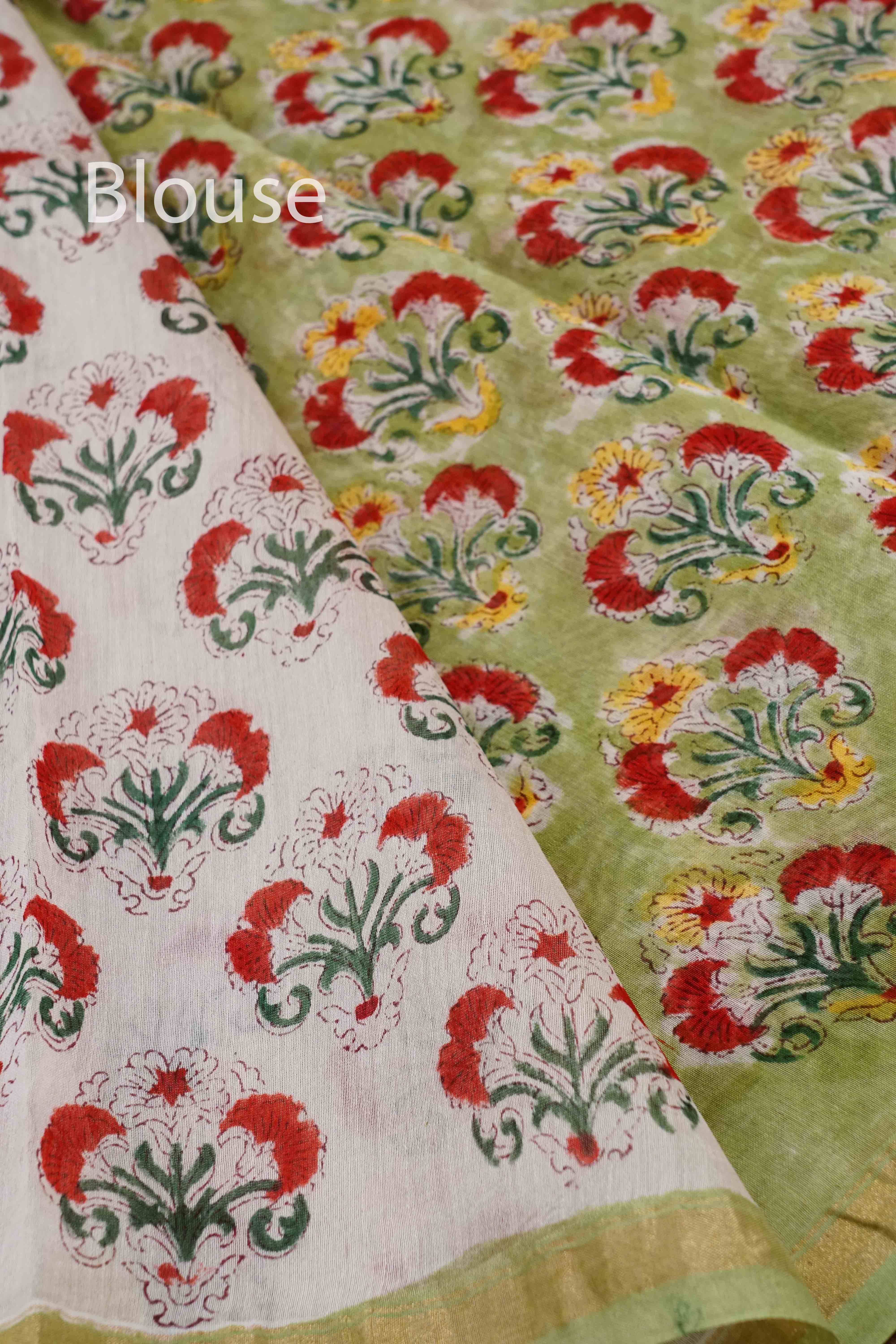DUSKY GREEN WITH OFF WHITE HAND BLOCKED CHANDERI SILK COTTON SAREE - Queens Jewel Emporium