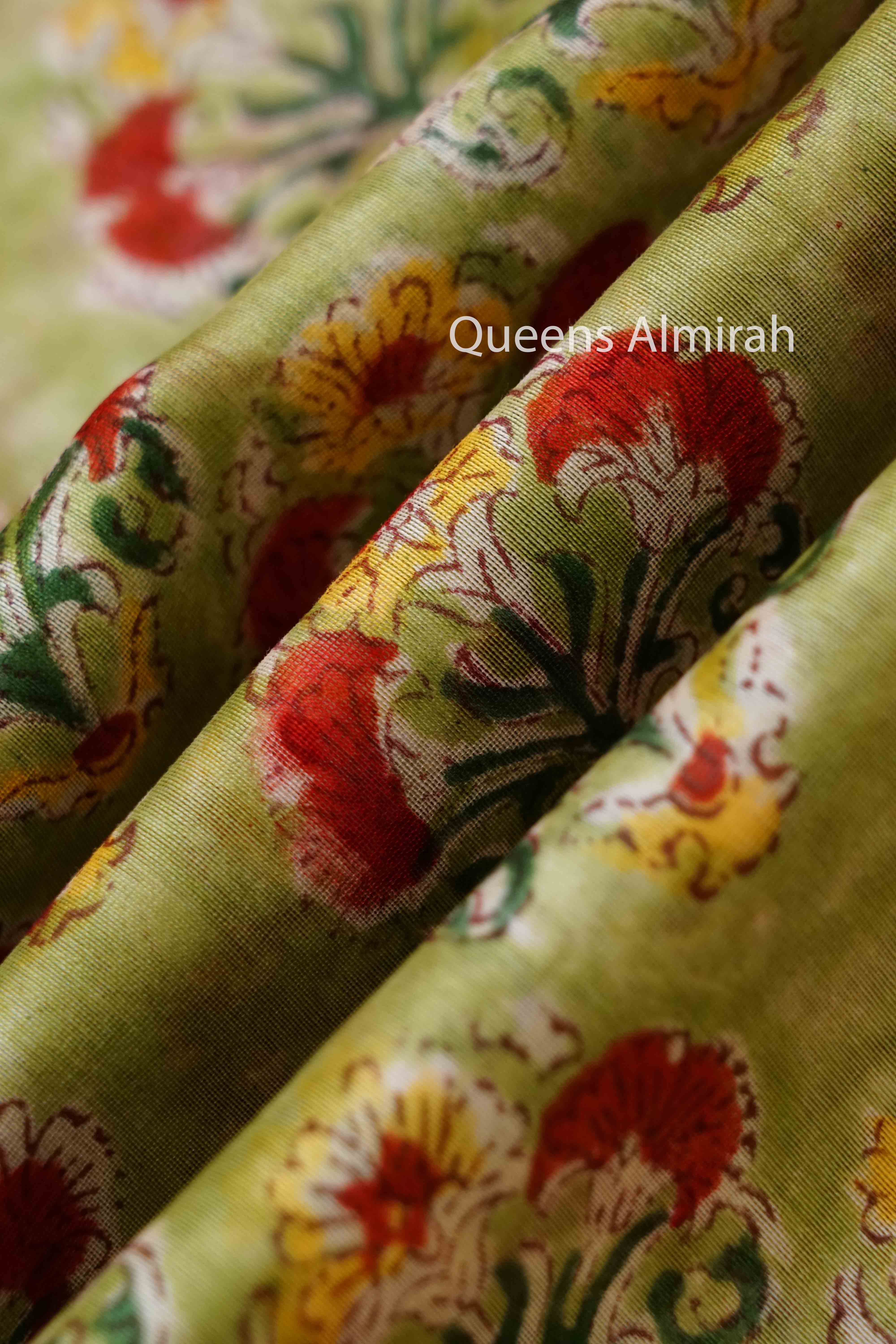 DUSKY GREEN WITH OFF WHITE HAND BLOCKED CHANDERI SILK COTTON SAREE - Queens Jewel Emporium