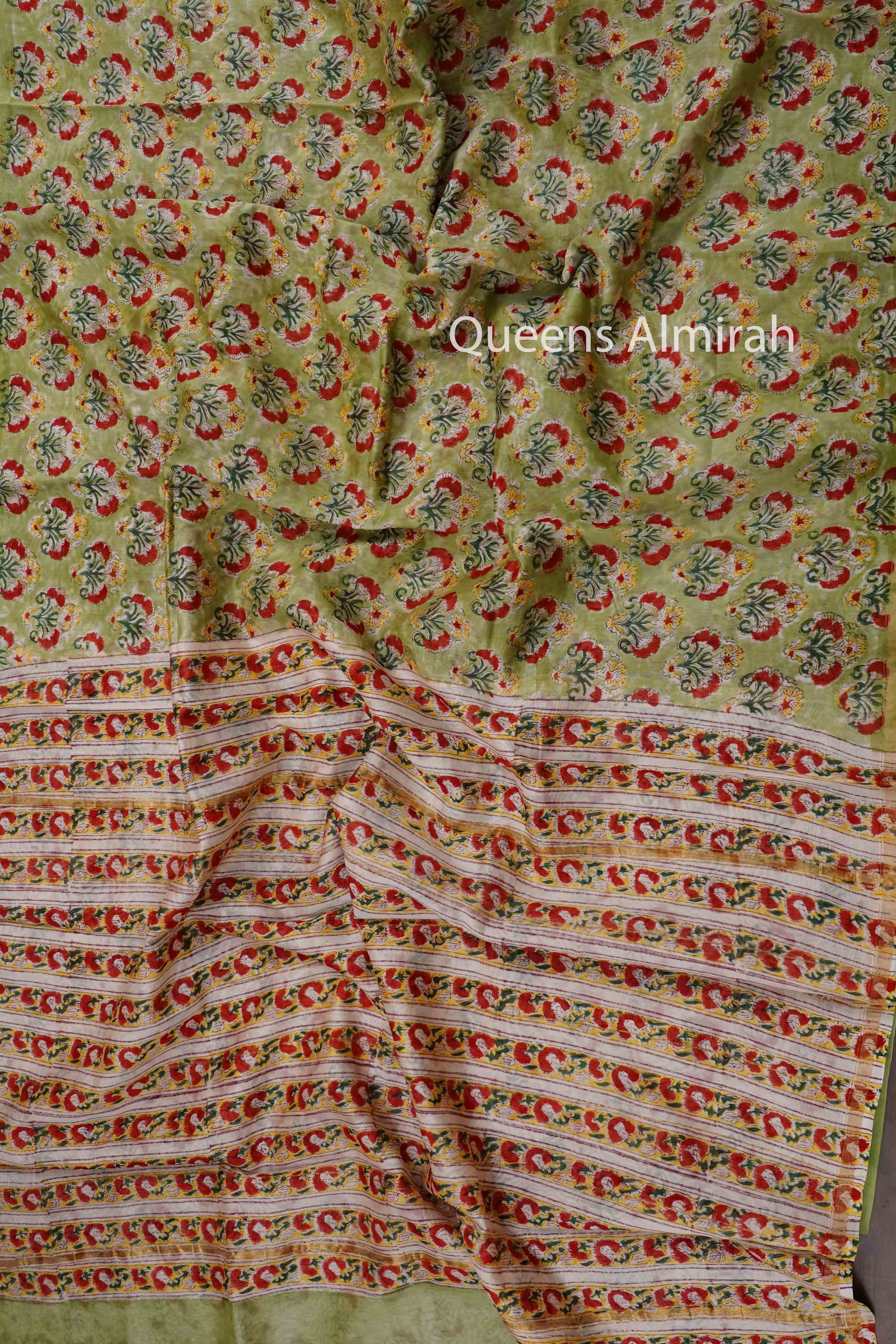 DUSKY GREEN WITH OFF WHITE HAND BLOCKED CHANDERI SILK COTTON SAREE - Queens Jewel Emporium