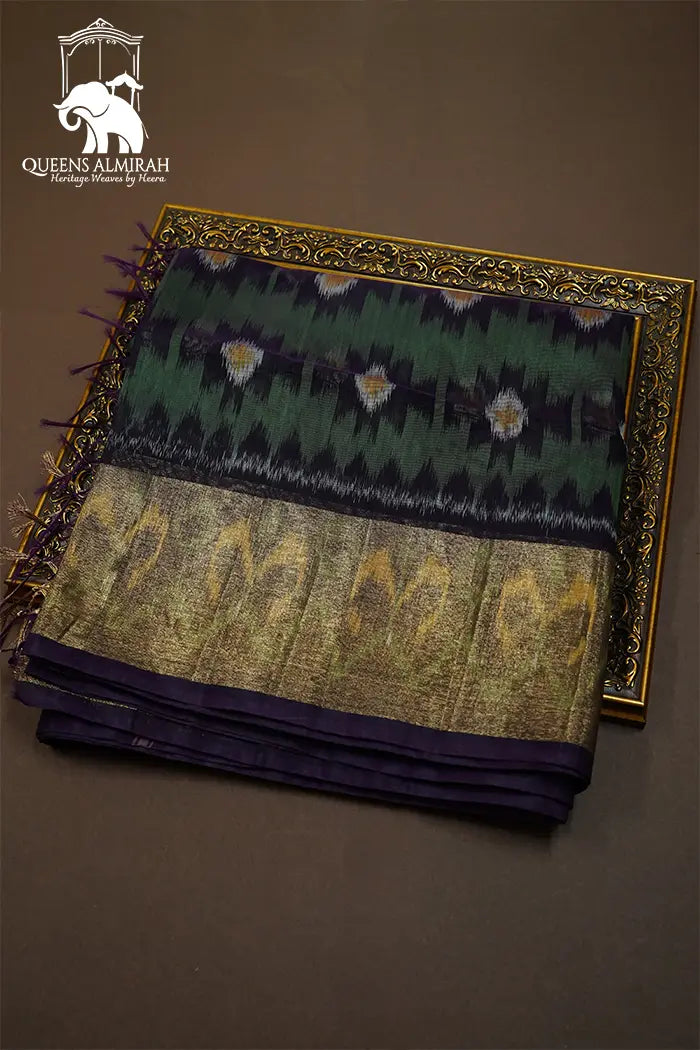 PURE SILK COTTON SAREE - DUSKY GREEN WITH WINE - Queens Jewel Emporium