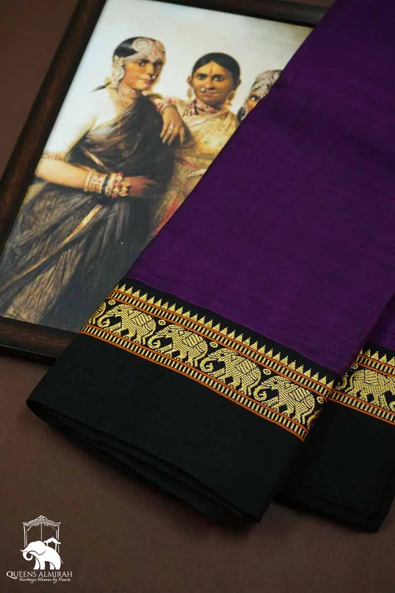 EGGPLANT PURPLE WITH BLACK BORDER NARAYANPET COTTON SAREE - Queens Jewel Emporium