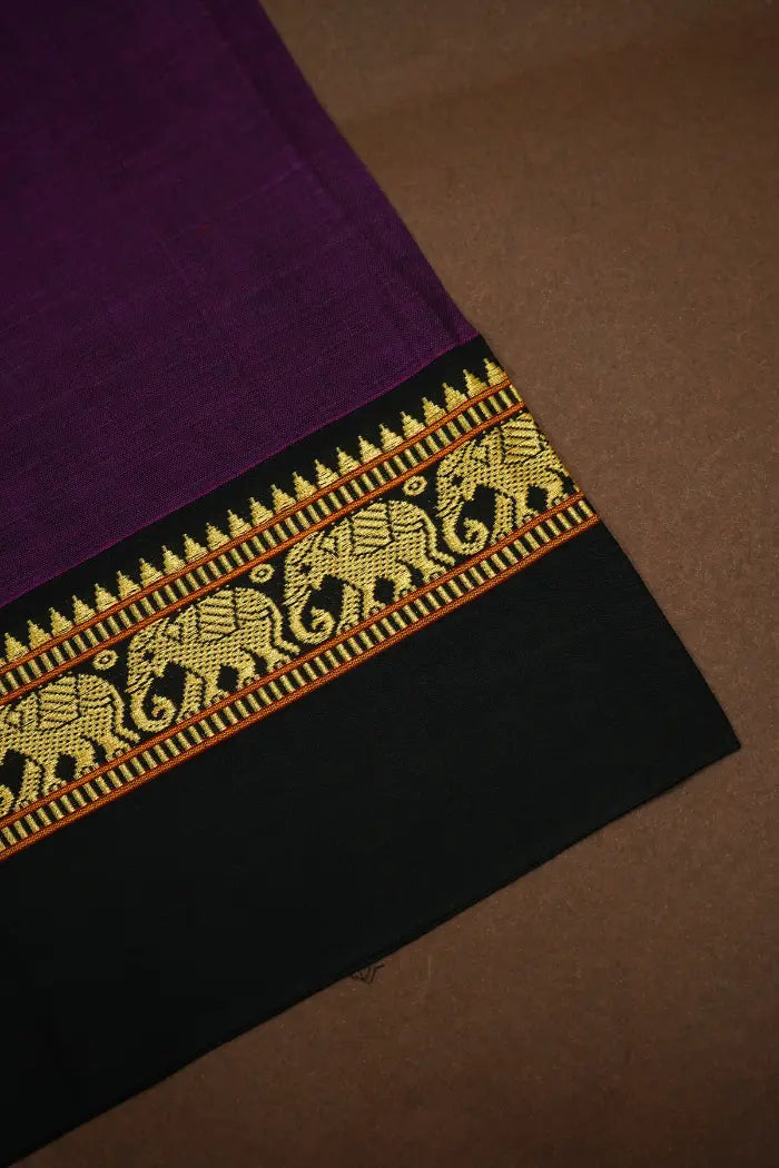 EGGPLANT PURPLE WITH BLACK BORDER NARAYANPET COTTON SAREE - Queens Jewel Emporium
