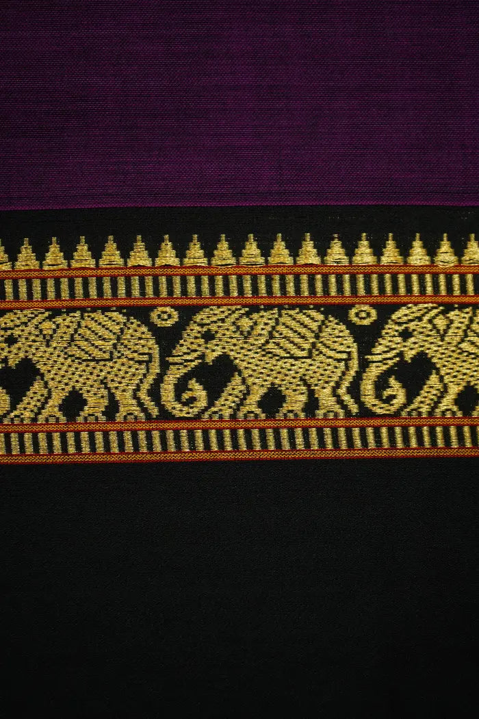 EGGPLANT PURPLE WITH BLACK BORDER NARAYANPET COTTON SAREE - Queens Jewel Emporium