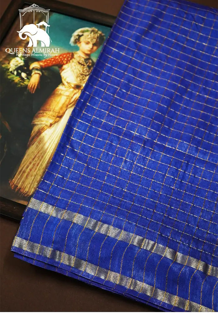EGYPTIAN BLUE WITH CHECKS SEMI TUSSAR SAREE - Queens Jewel Emporium