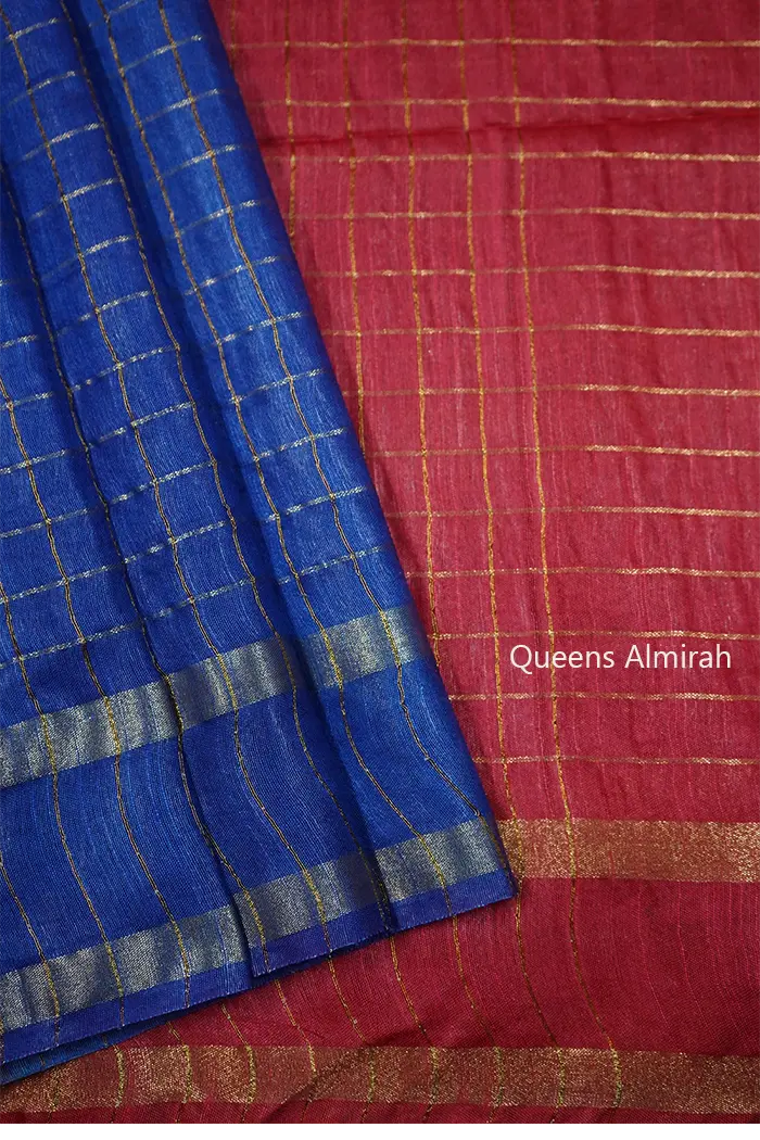 EGYPTIAN BLUE WITH CHECKS SEMI TUSSAR SAREE - Queens Jewel Emporium