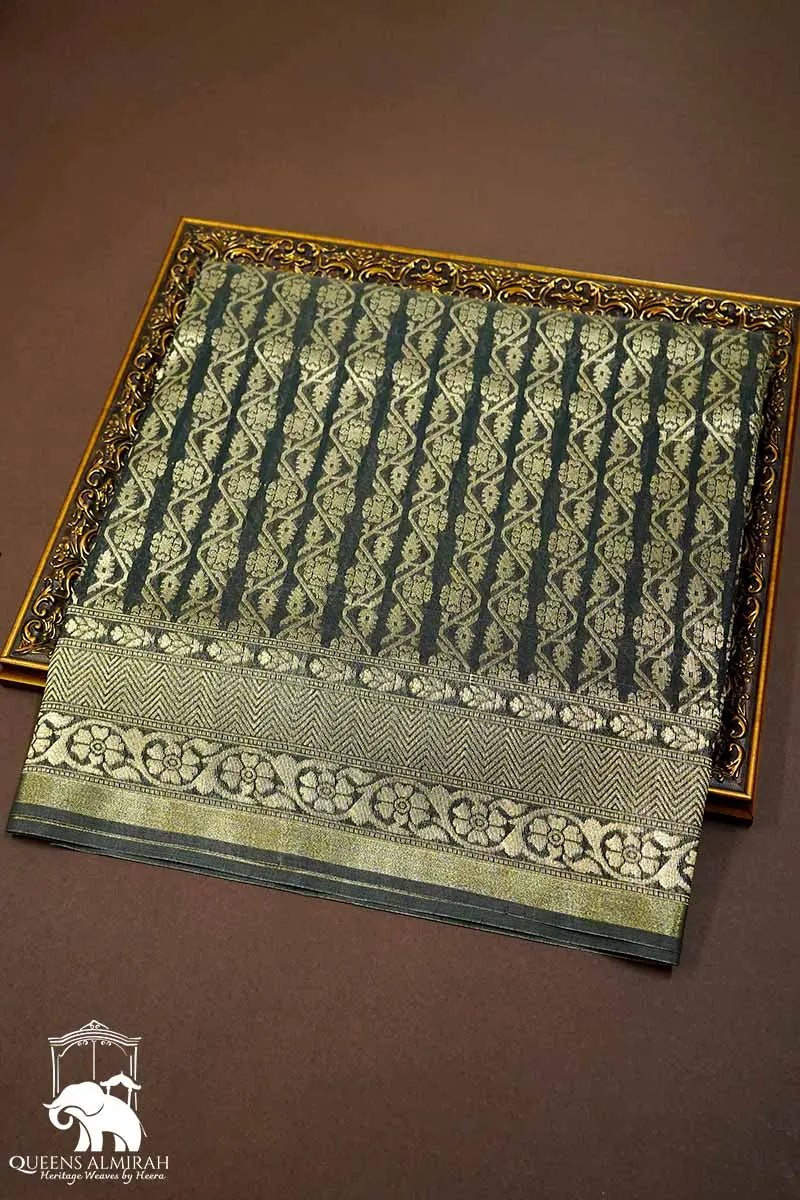 ELEPHANT GREY BROCADE SILK COTTON SAREE - Queens Jewel Emporium