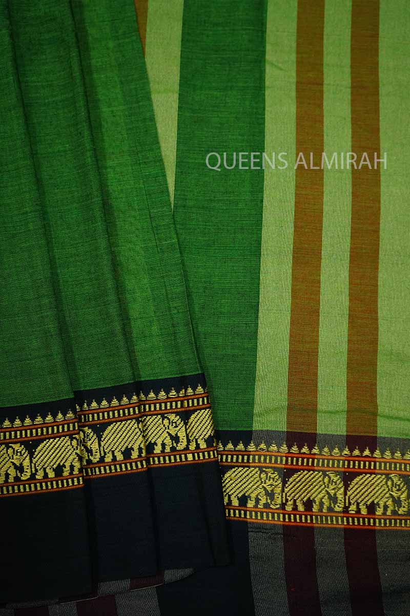 EMERALD GREEN WITH BLACK BORDER NARAYANPET COTTON SAREE - Queens Jewel Emporium
