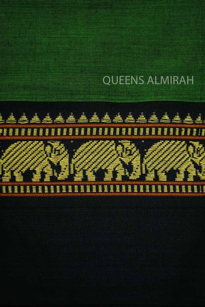 EMERALD GREEN WITH BLACK BORDER NARAYANPET COTTON SAREE - Queens Jewel Emporium