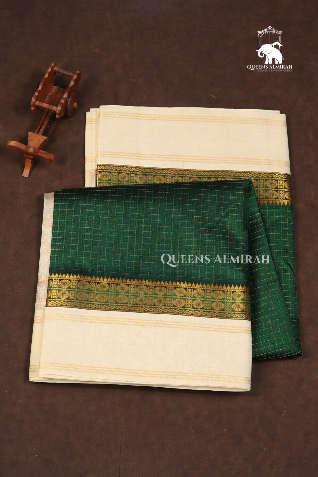 Dark Green Kattam With White Pure Silk Cotton Saree