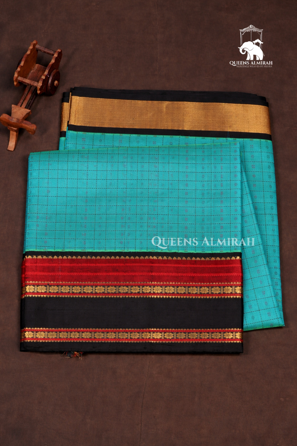 Turquoise Blue With Black Pure Silk Cotton Saree
