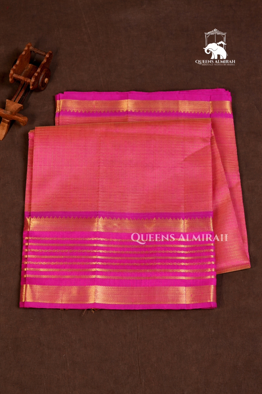 Pinkish Orange Kattam With Rani Pink Varisapet Border Pure Silk Cotton Saree