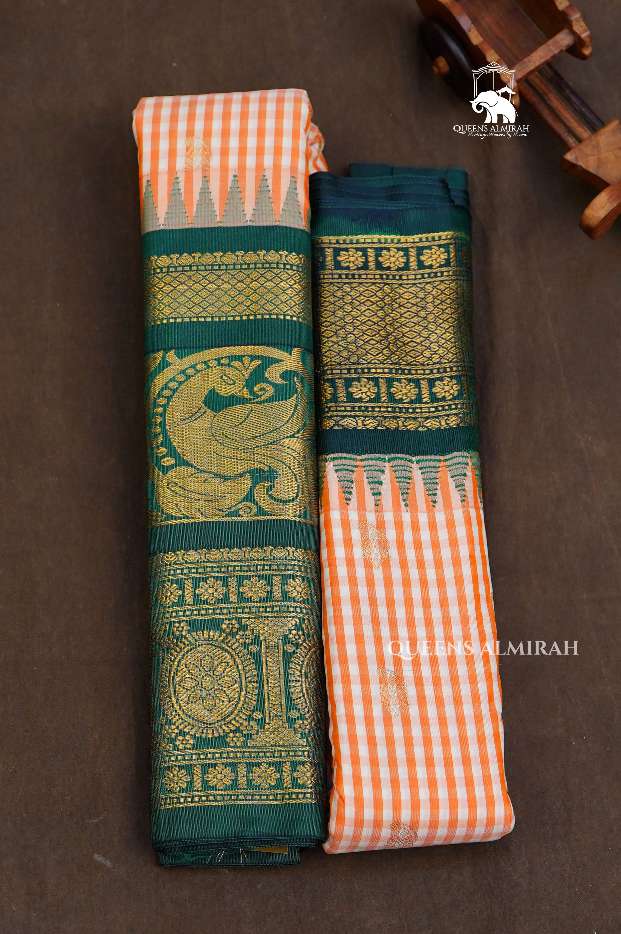 Honey Brown With Green Semi Gadwal Silk Saree