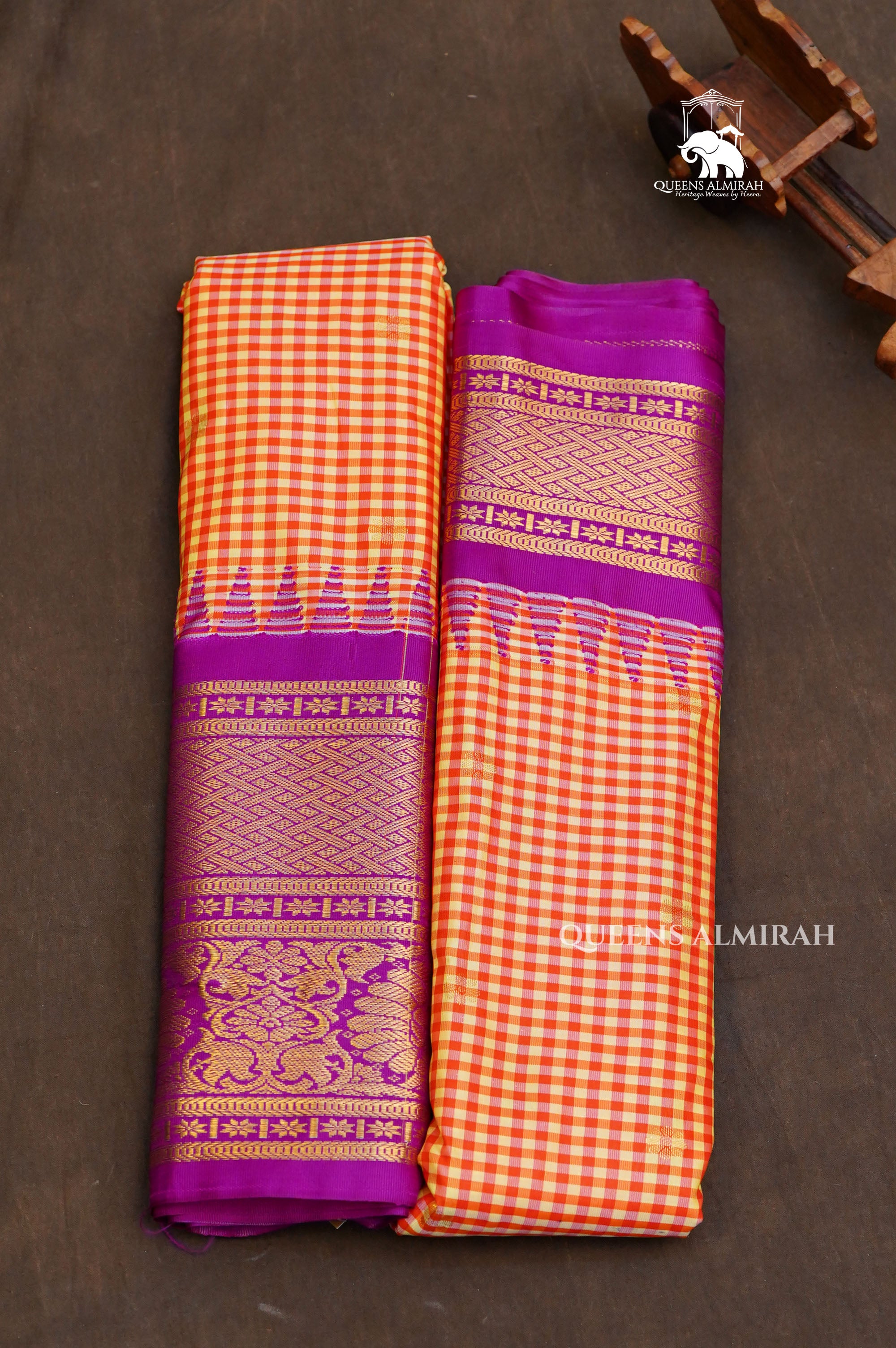 Orange Kattam With Purple Semi Gadwal Silk Saree