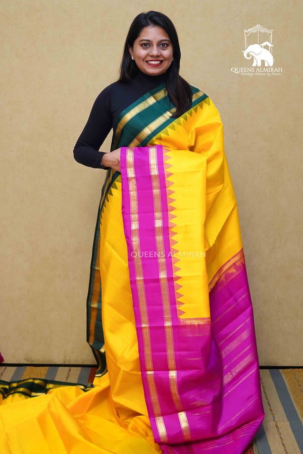MANGO YELLOW WITH BOTTLE GREEN AND MAGENTA PURE KANCHIVARAM SILK SAREE - Queens Jewel Emporium