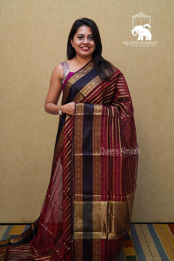 DARK MAROON WITH WOVEN BORDER KOTA SILK SAREE - Queens Jewel Emporium