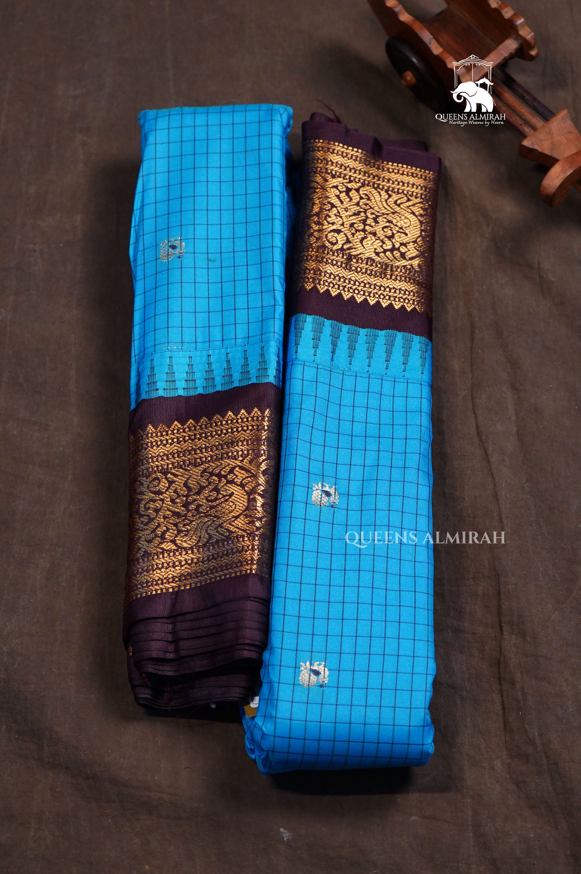 Blue Kattam With Brown Semi Gadwal Silk Saree