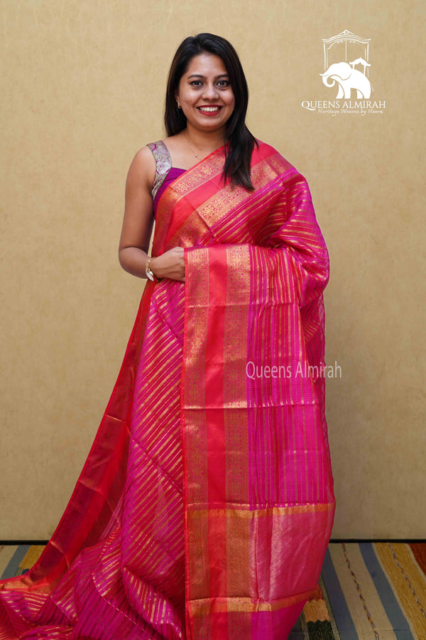 HOT PINK WITH ZARI WOVEN BORDER KOTA SILK SAREE - Queens Jewel Emporium