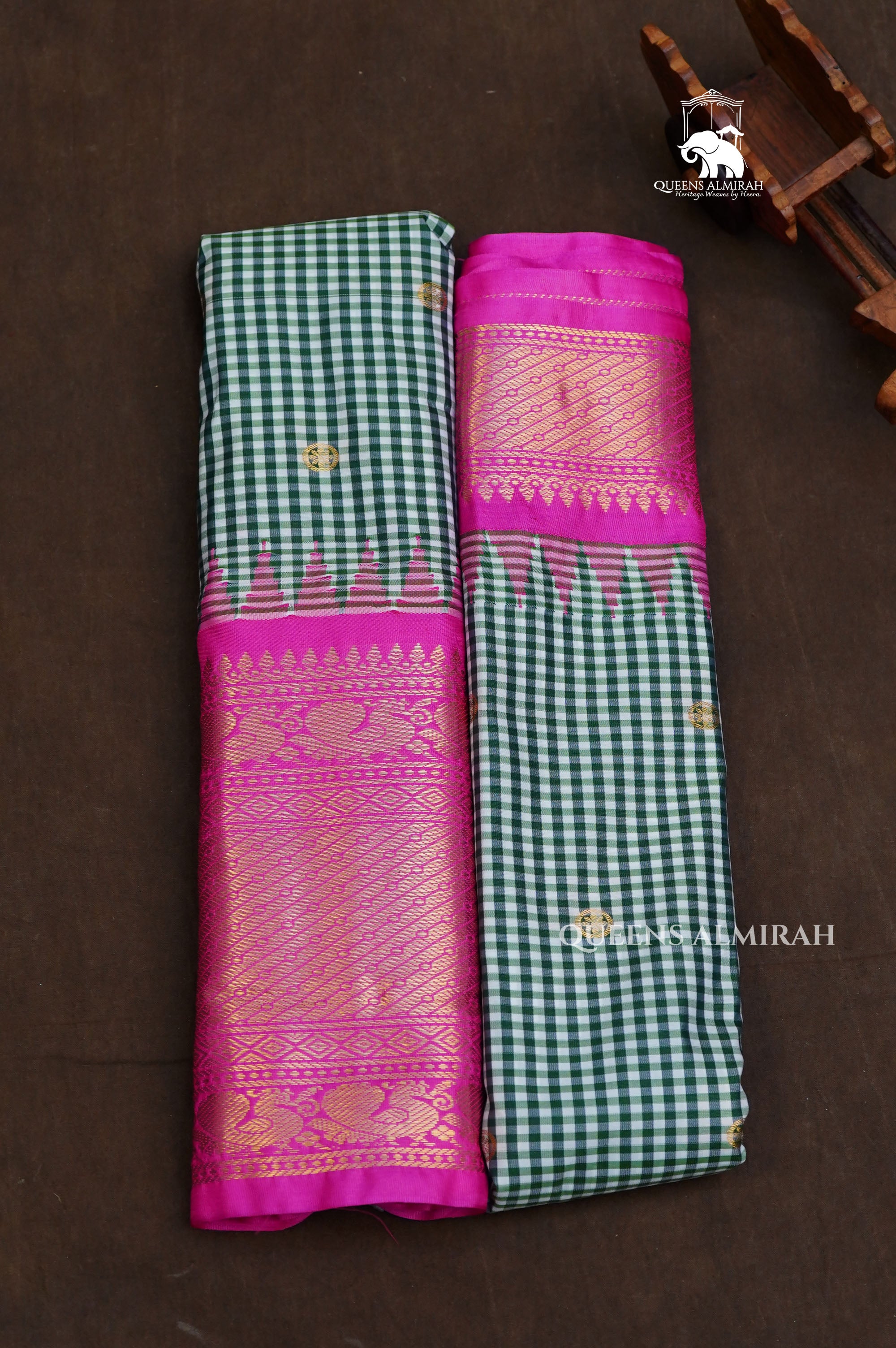 Dark Green Kattam With Pink Semi Gadwal Silk Saree