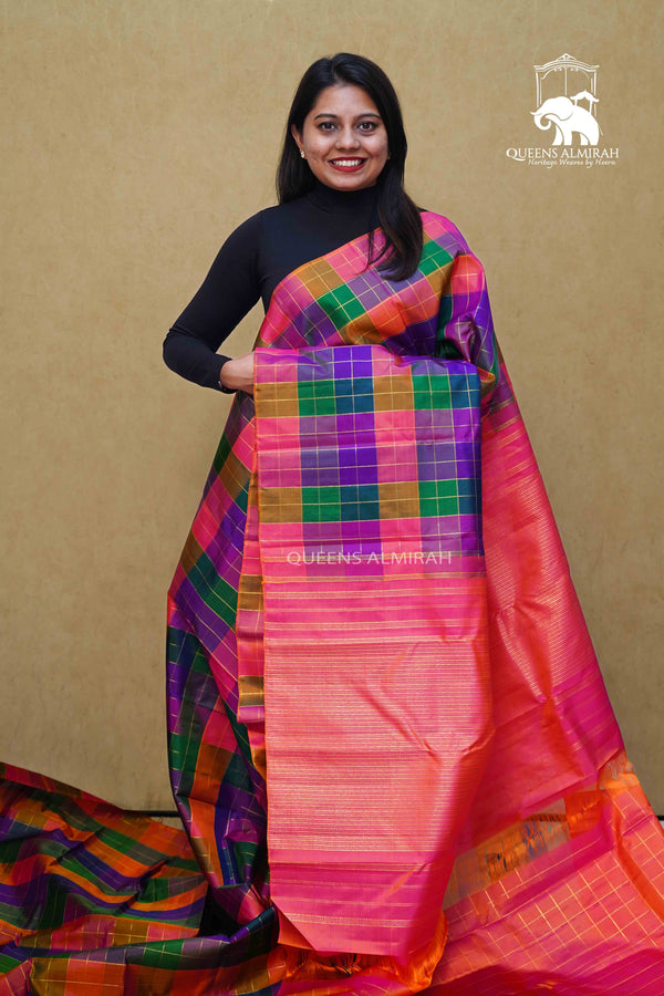 MULTI COLOR PAALUM PAZHAMUM KATTAM PURE KANCHIVARAM SILK SAREE - Queens Jewel Emporium