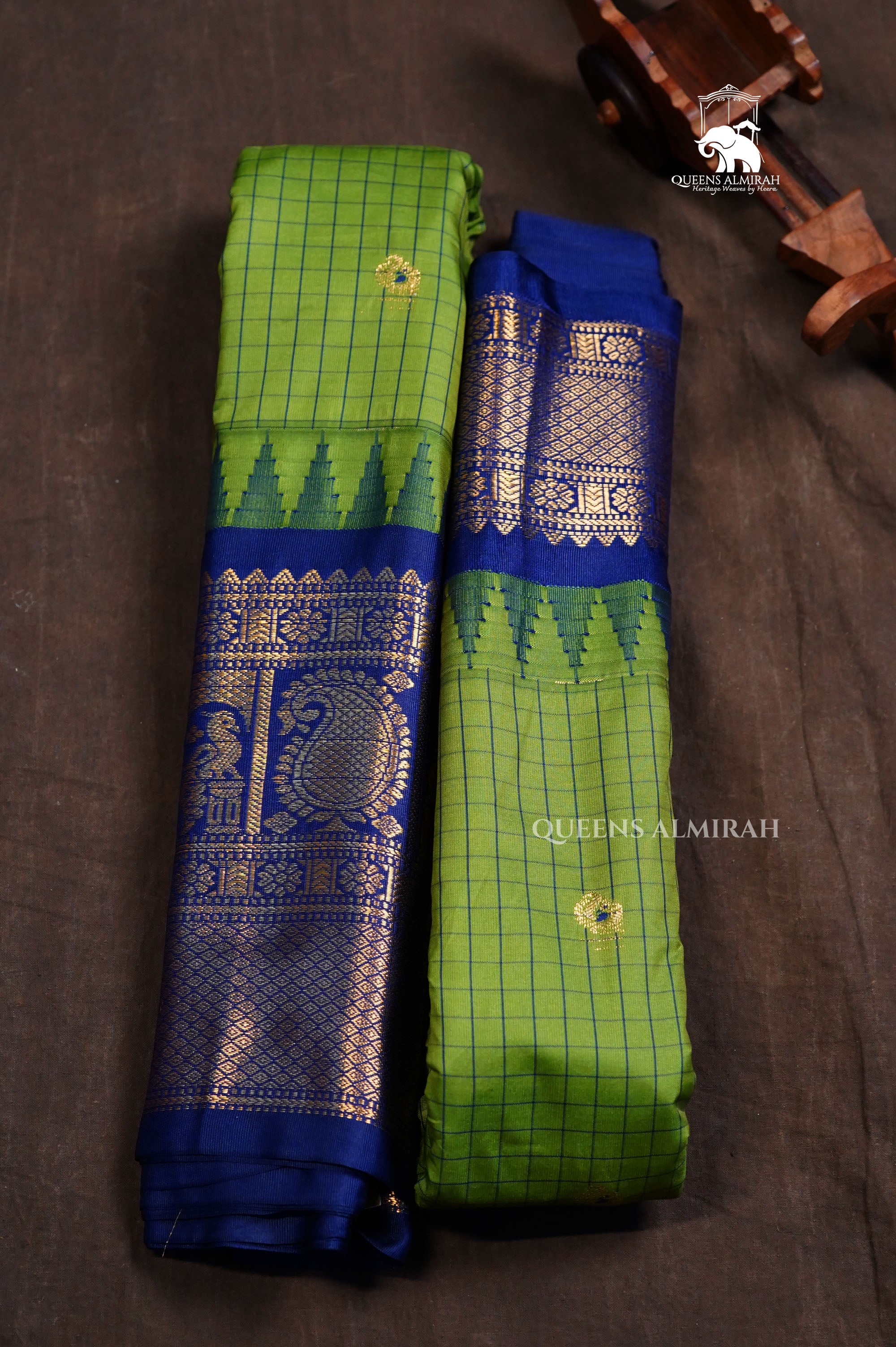 Green Kattam With Blue Semi Gadwal Silk Saree