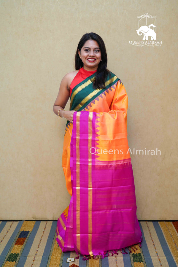 PUMPKIN ORANGE WITH BOTTLE GREEN AND MAGENTA PURE KANCHIVARAM SILK SAREE - Queens Jewel Emporium