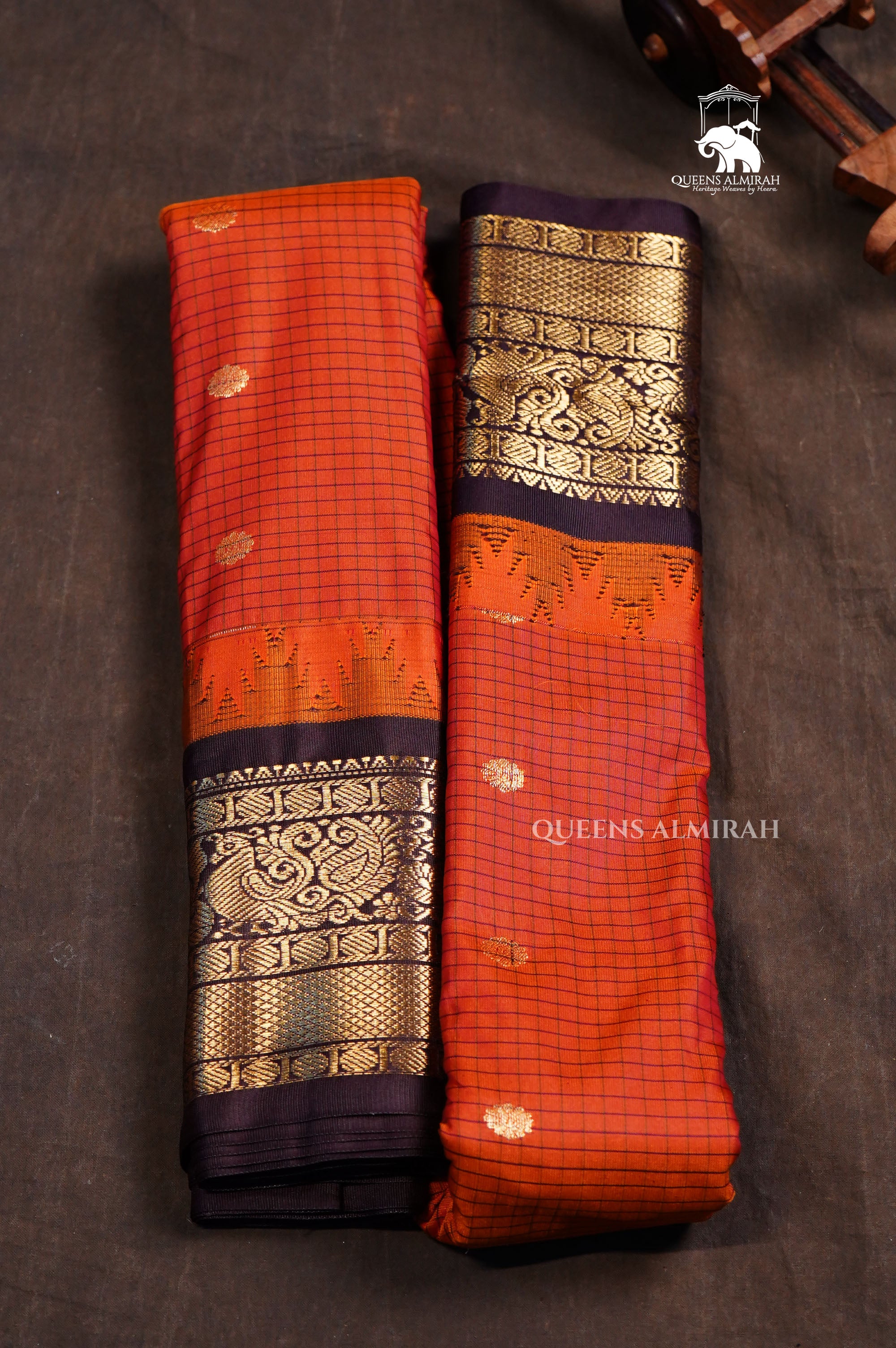 Rust Orange With Brown Semi Gadwal Silk Saree