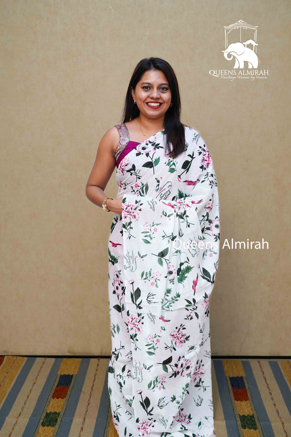 WHITE MULMUL COTTON SAREE 3 - Queens Jewel Emporium