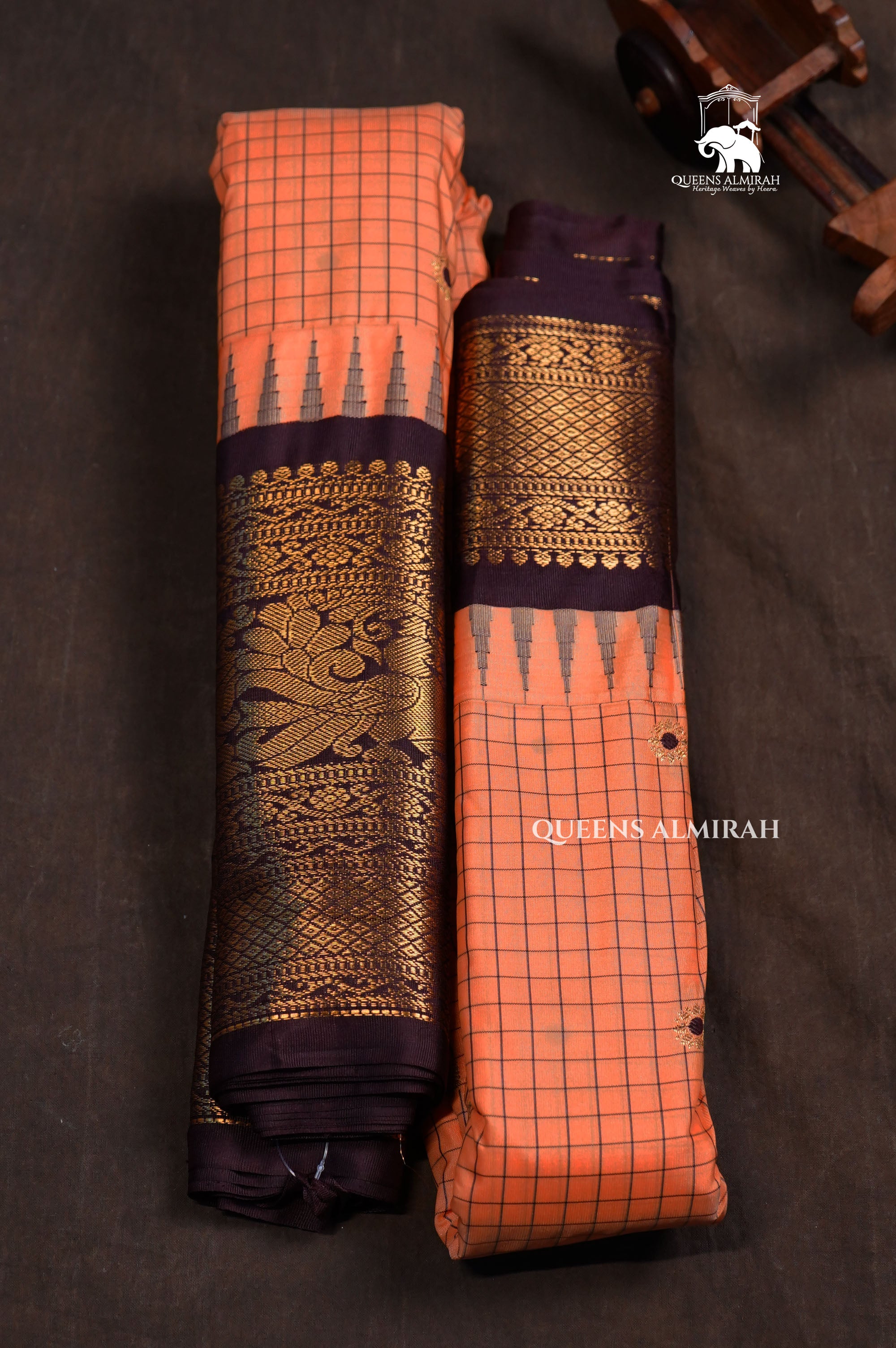 Peach Orange With Brown Semi Gadwal Silk Saree