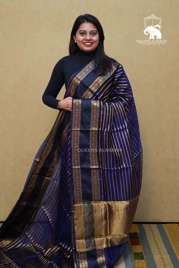 DARK NAVY WITH WOVEN BORDER KOTA SILK SAREE - Queens Jewel Emporium
