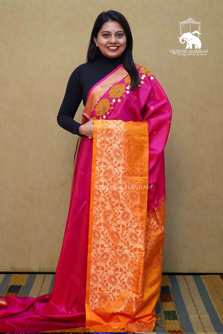 PUMKIN ORANGE WITH DRAGON PINK DESIGNER SILK SAREE - Queens Jewel Emporium