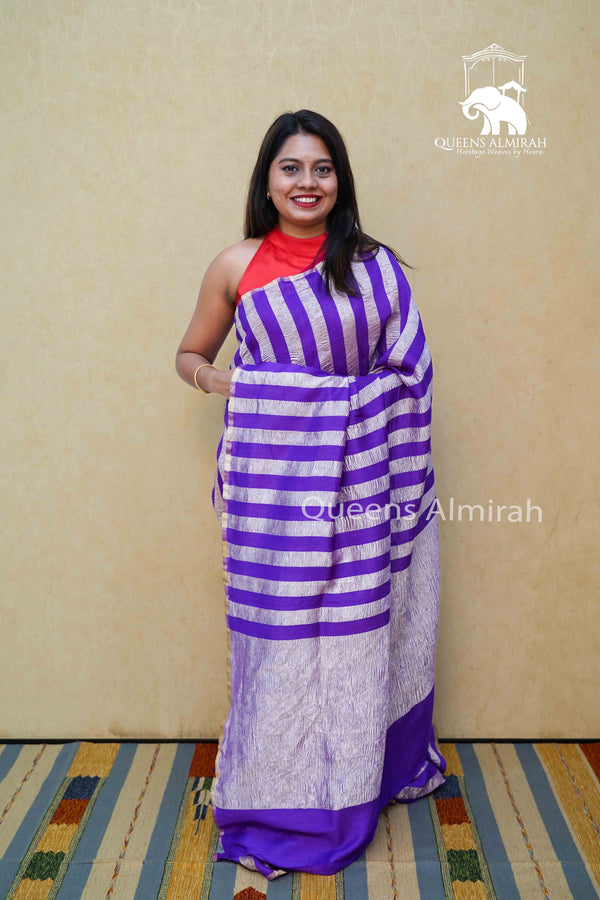 PERSIAN INDIGO CRUSH TISSUE BANARASI SILK SAREE - Queens Jewel Emporium