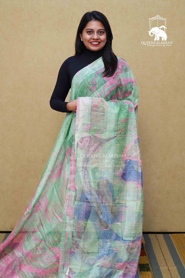 DUSTY GREEN MARBLE PRINT GHICHA ORAGANZA SAREE - Queens Jewel Emporium