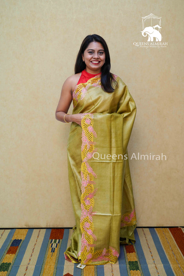 OLIVE GREEN PURE TUSSAR SILK SAREE - Queens Jewel Emporium