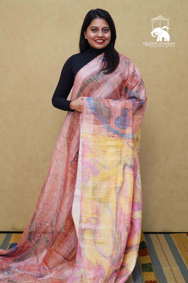 PINKISH BROWN  MARBLE PRINT GHICHA ORAGANZA SAREE - Queens Jewel Emporium
