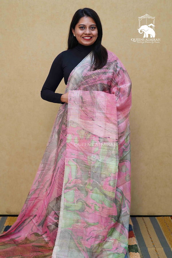 TULIP PINK MARBLE PRINT GHICHA ORAGANZA SAREE - Queens Jewel Emporium