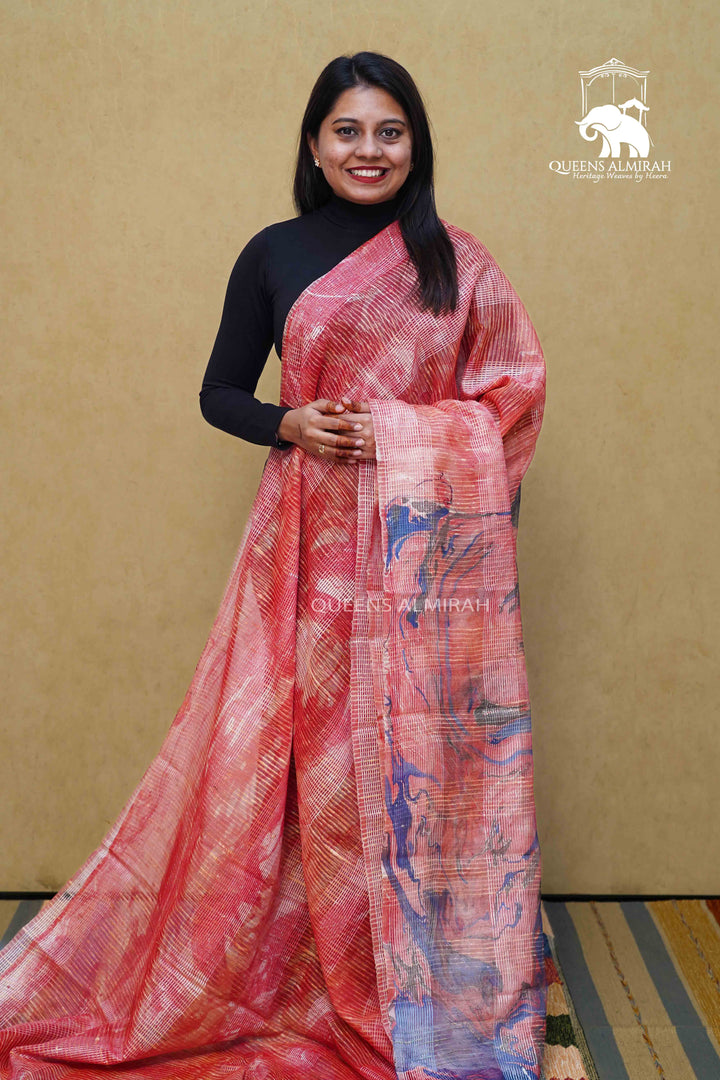 BROWN RUST MARBLE PRINT GHICHA ORGANZA SAREE - Queens Jewel Emporium