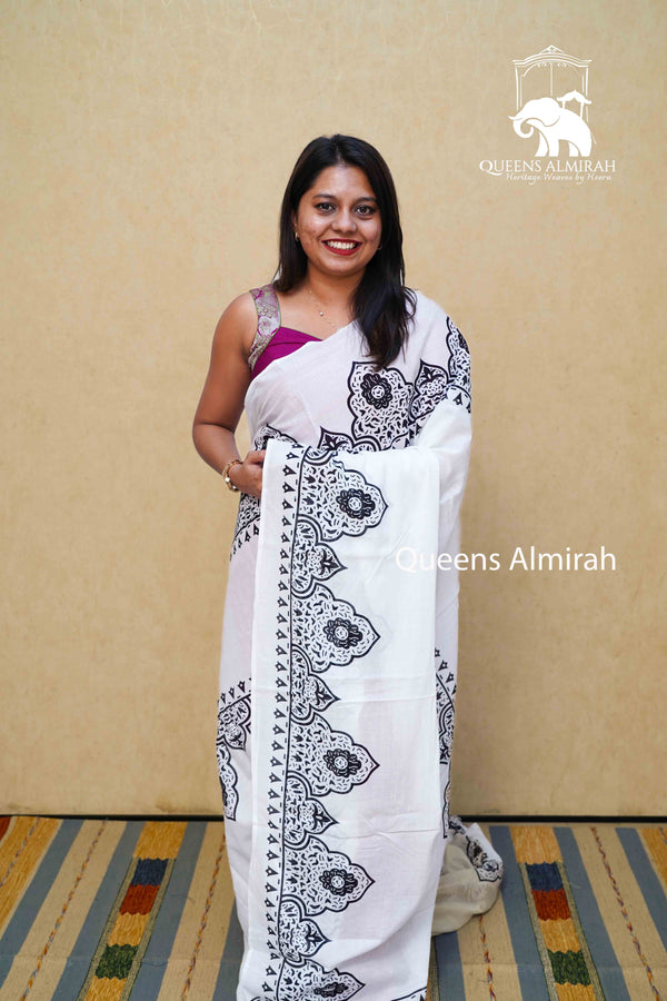 WHITE MULMUL COTTON SAREE  1 - Queens Jewel Emporium