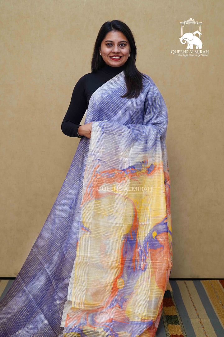 DUSKY BLUE MARBLE PRINT GHICHA ORAGANZA SAREE - Queens Jewel Emporium