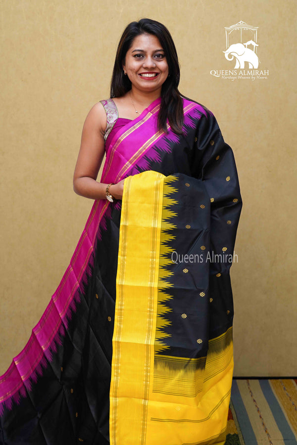 BLACK CURRENT WITH LEMON YELLOW PURE KANCHIVARAM SILK SAREE - Queens Jewel Emporium