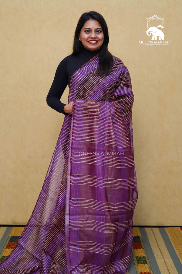MUTED PURPLE GHICHA ORAGANZA SAREE - Queens Jewel Emporium