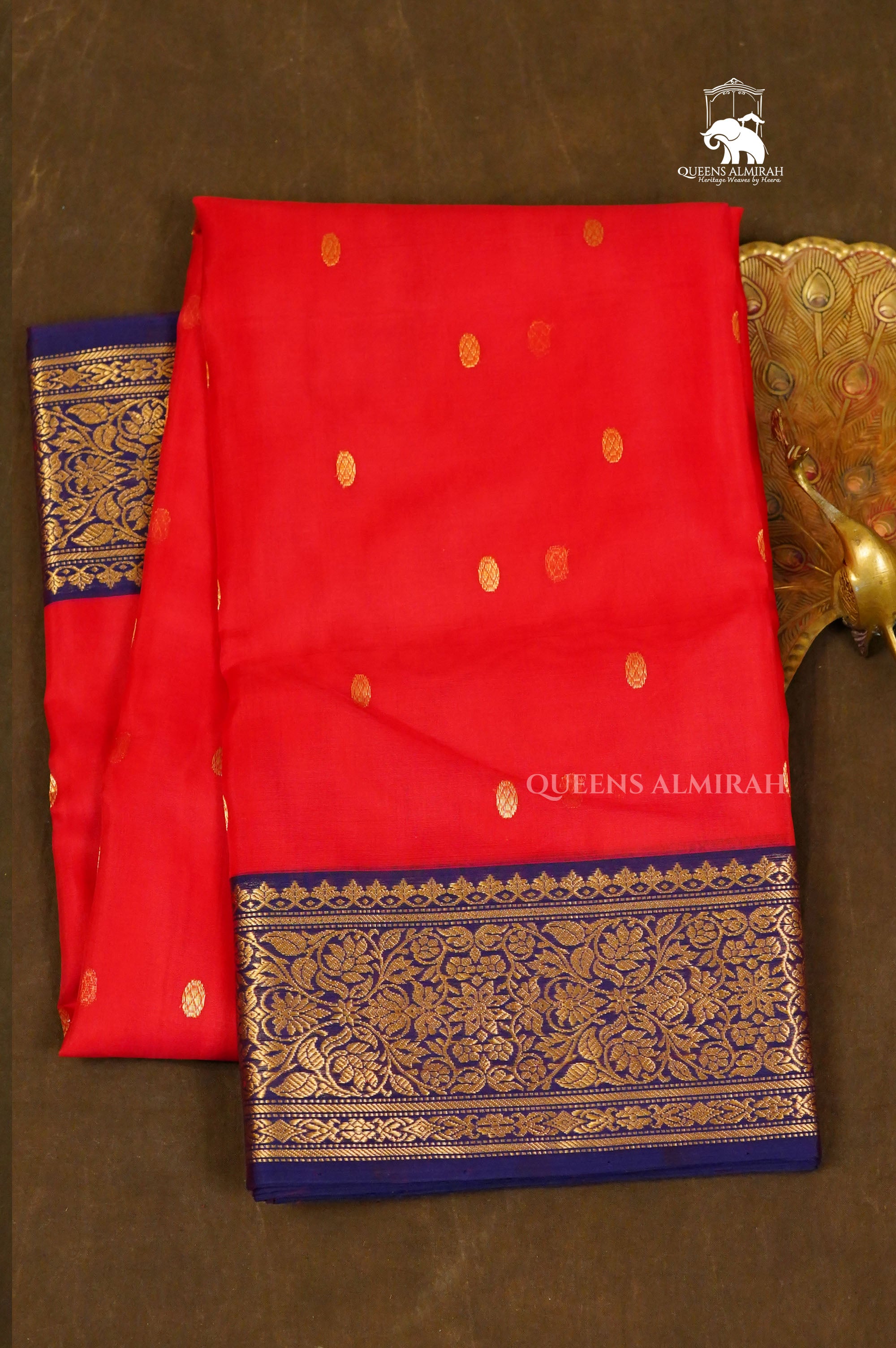 Red With Navy Blue Chanderi Katan Silk Handloom Saree