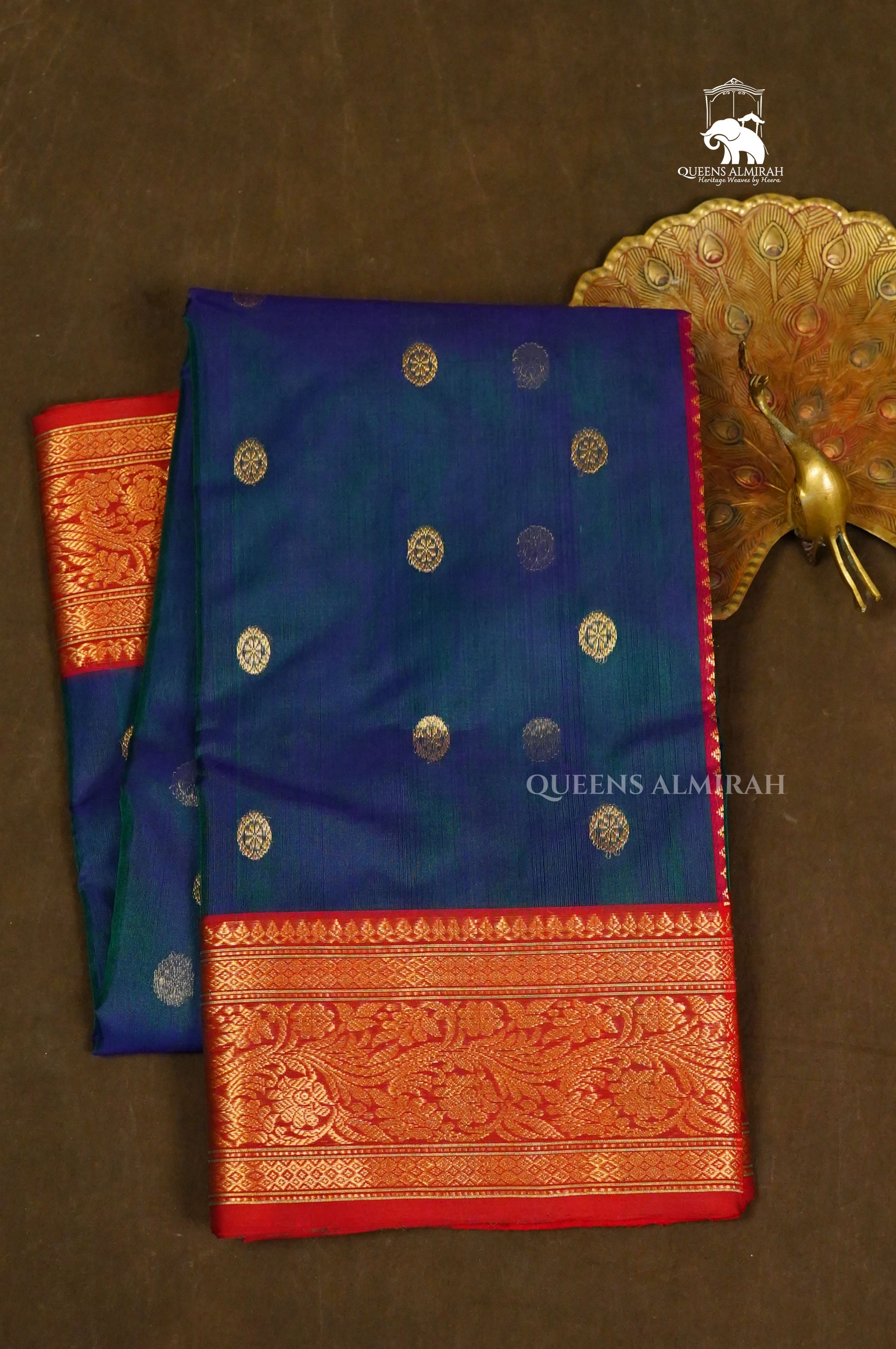 Peacock Blue With Red Chanderi Katan Silk Handloom Saree