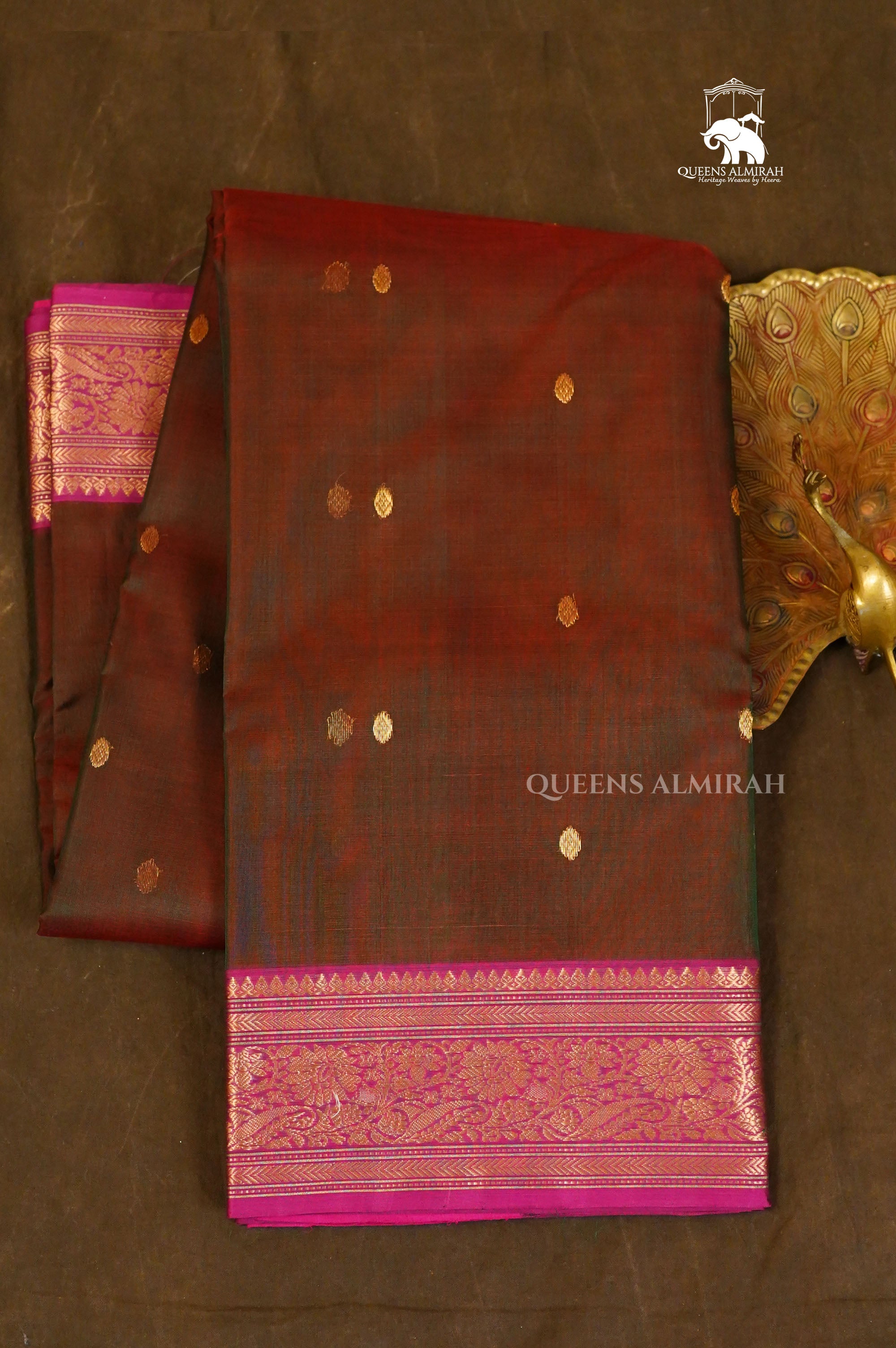 Brown With Pink Chanderi Katan Silk Handloom Saree