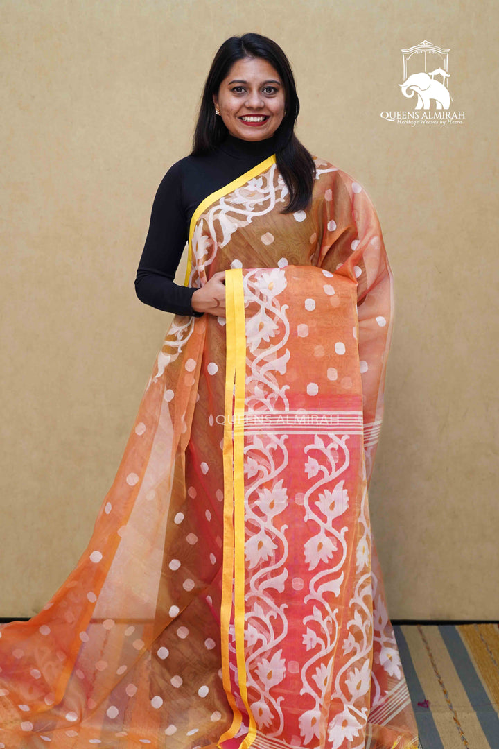 APRICOTS ORANGE MUSLIN JAMDANI SAREE - Queens Jewel Emporium